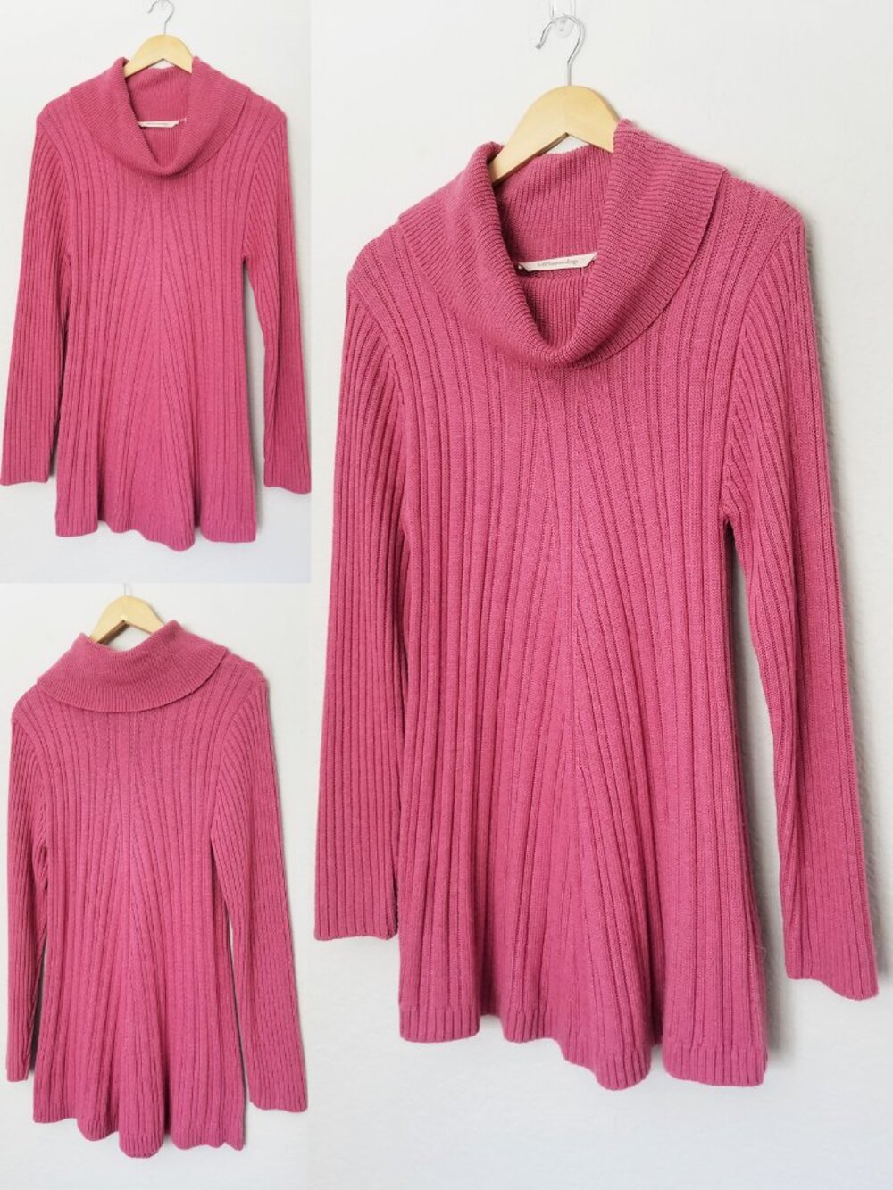 NEW Soft Surroundings Ribbed Cowl Neck Tunic Sweater Magenta L Pink Coquette